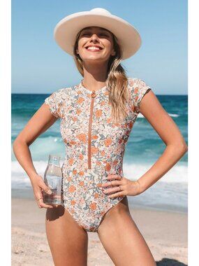 CUPSCHE Floral Front Zip Short Sleeve Rashguard Swimsuit Size XL NEW NWT